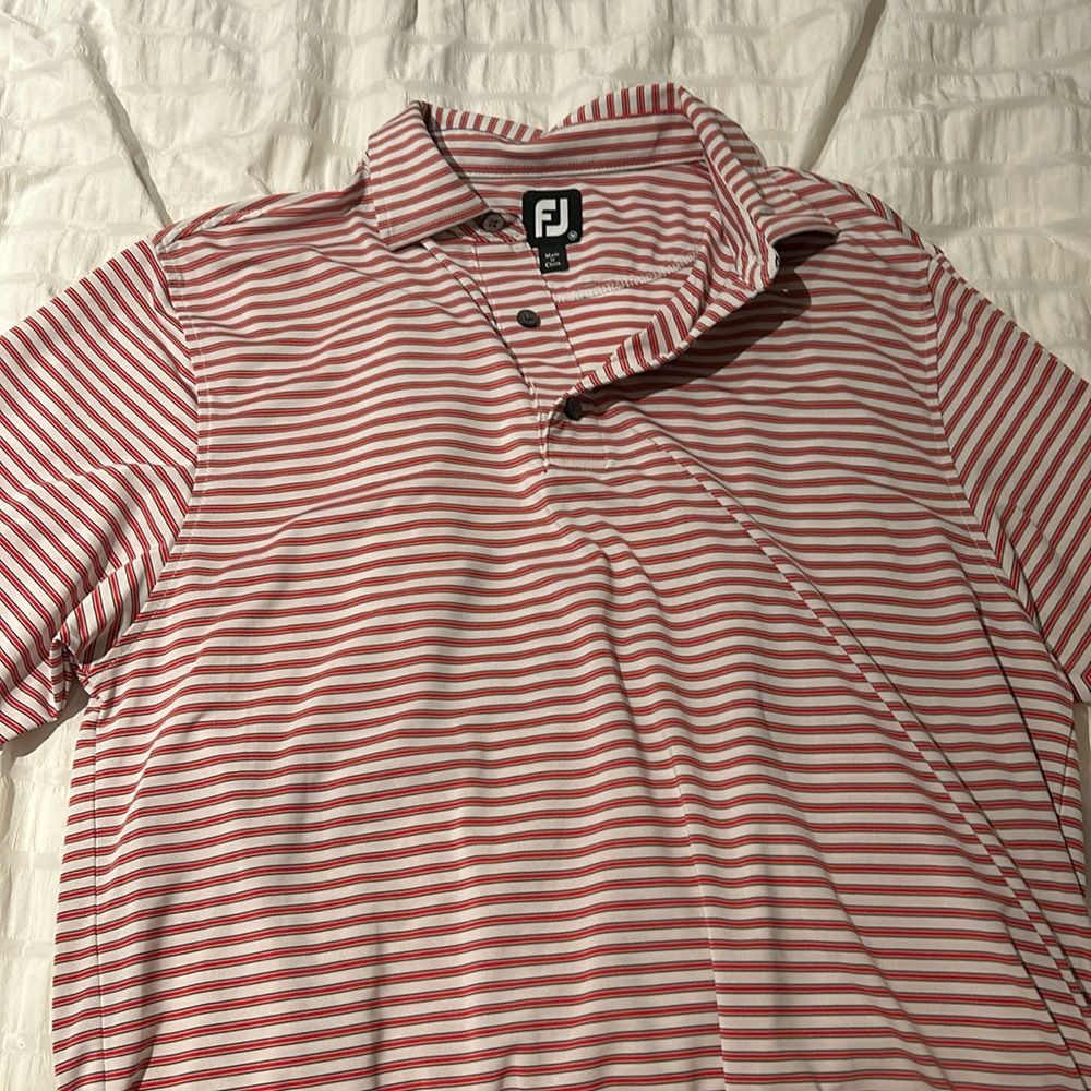 Red and white striped footjoy golf shirt size medium